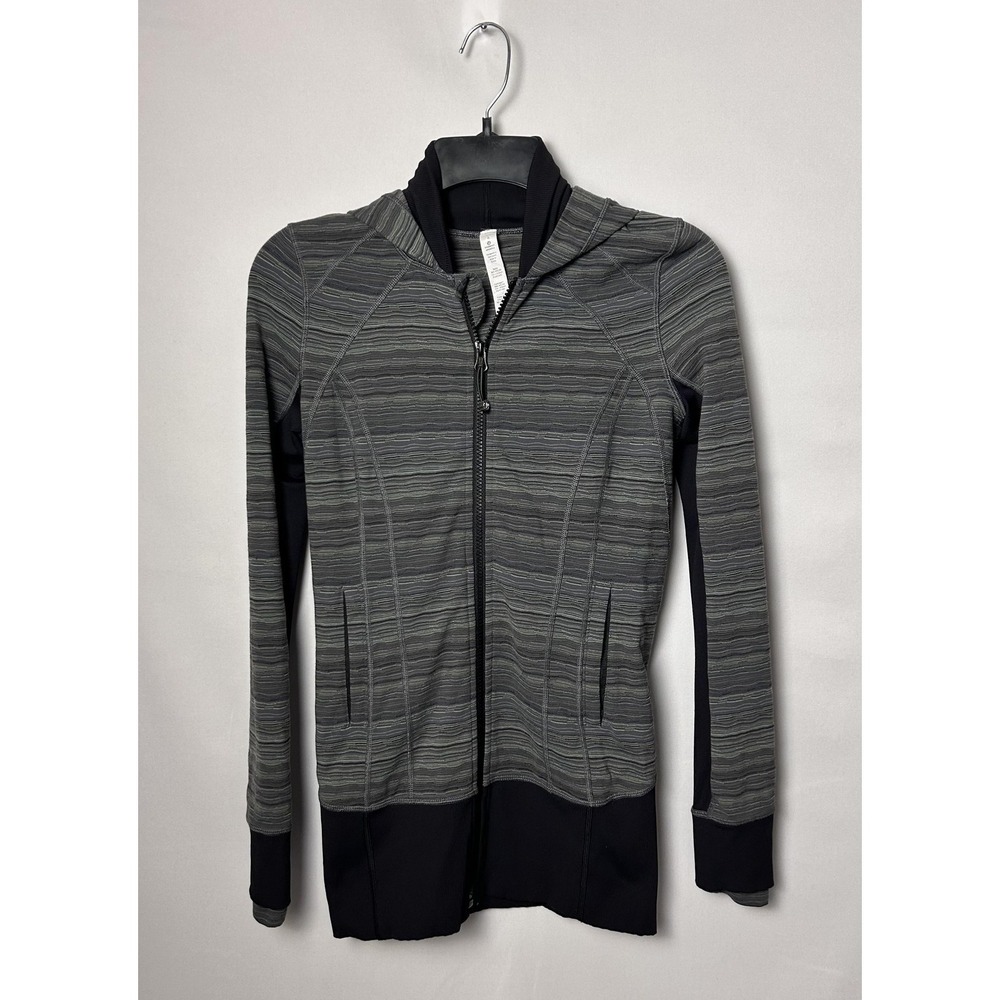 Lululemon Hooded Full Zip Hoodie Womens 4 Green Gray Stripe Activewear Running